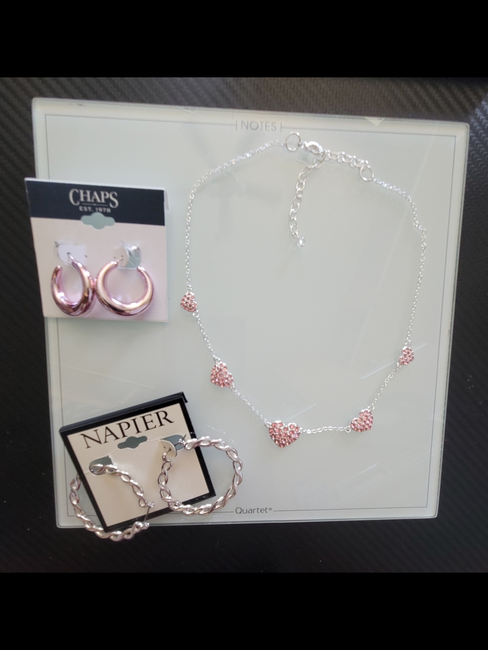 NWT Napier Chaps Earring Lot Pink Crystal Heart Necklace Silver Tone (3 Piece)